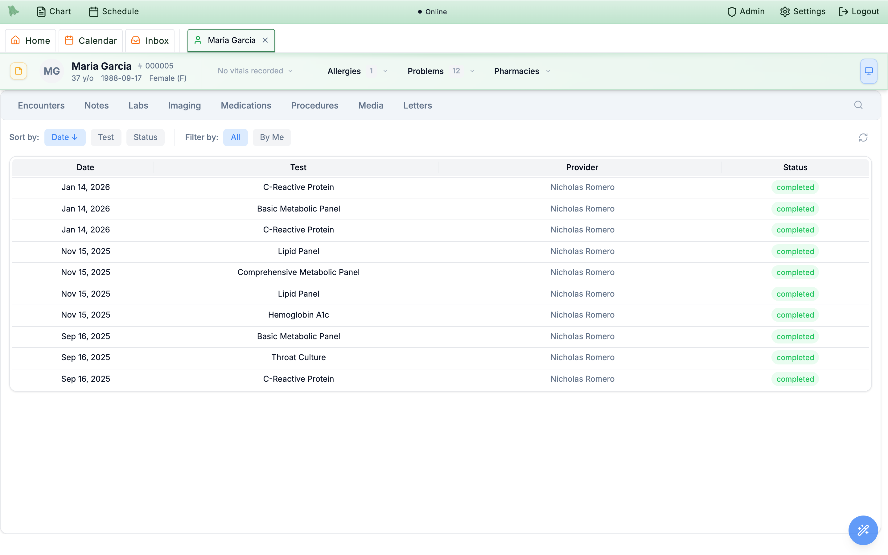 Chart Labs tab listing lab orders with completed status pills, Sort by Date, Test, and Status buttons, and Filter All or By Me controls