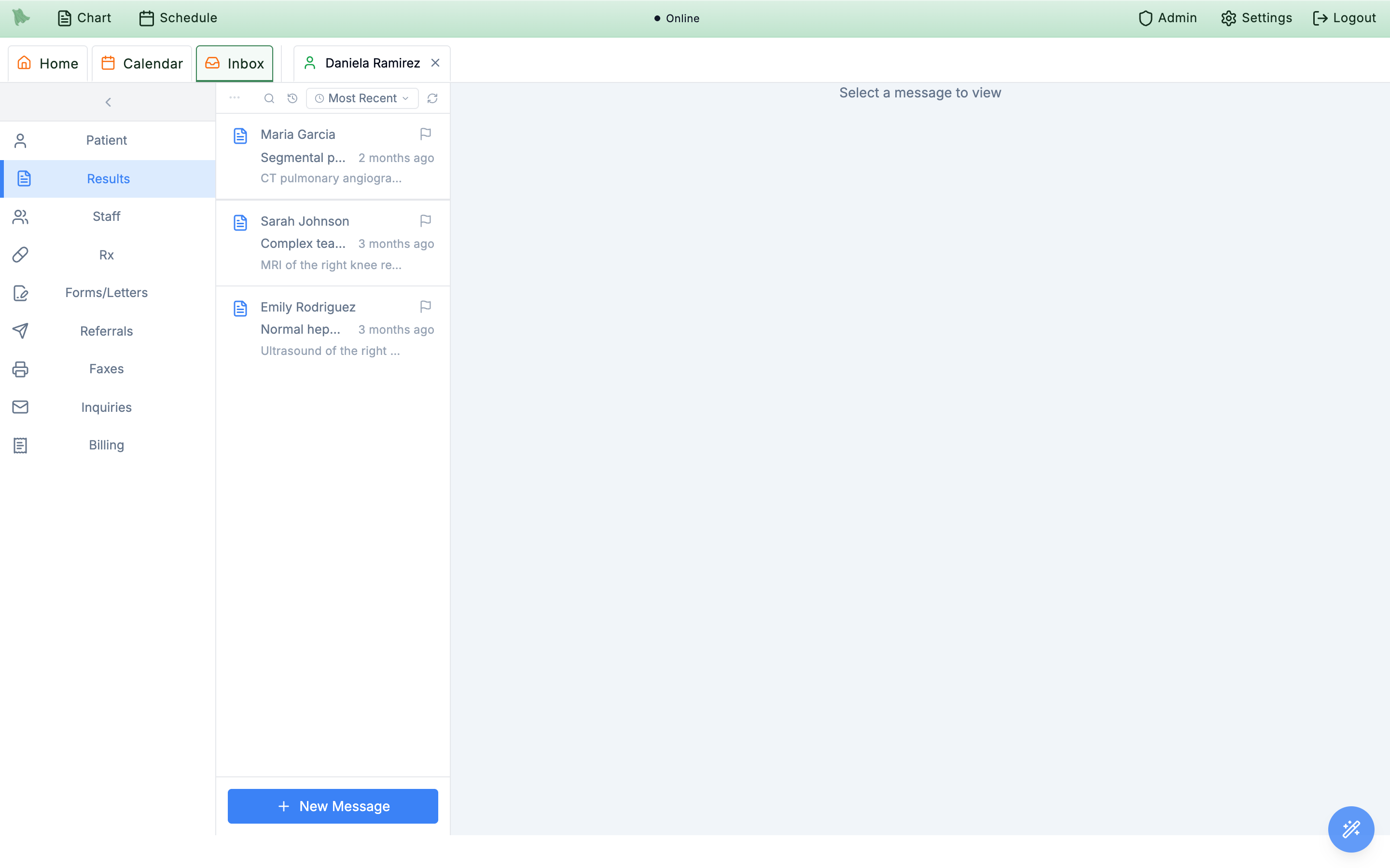 Inbox Results view showing a result list with a CT pulmonary angiography marked Critical, an MRI of the knee marked Abnormal, and an ultrasound marked Normal