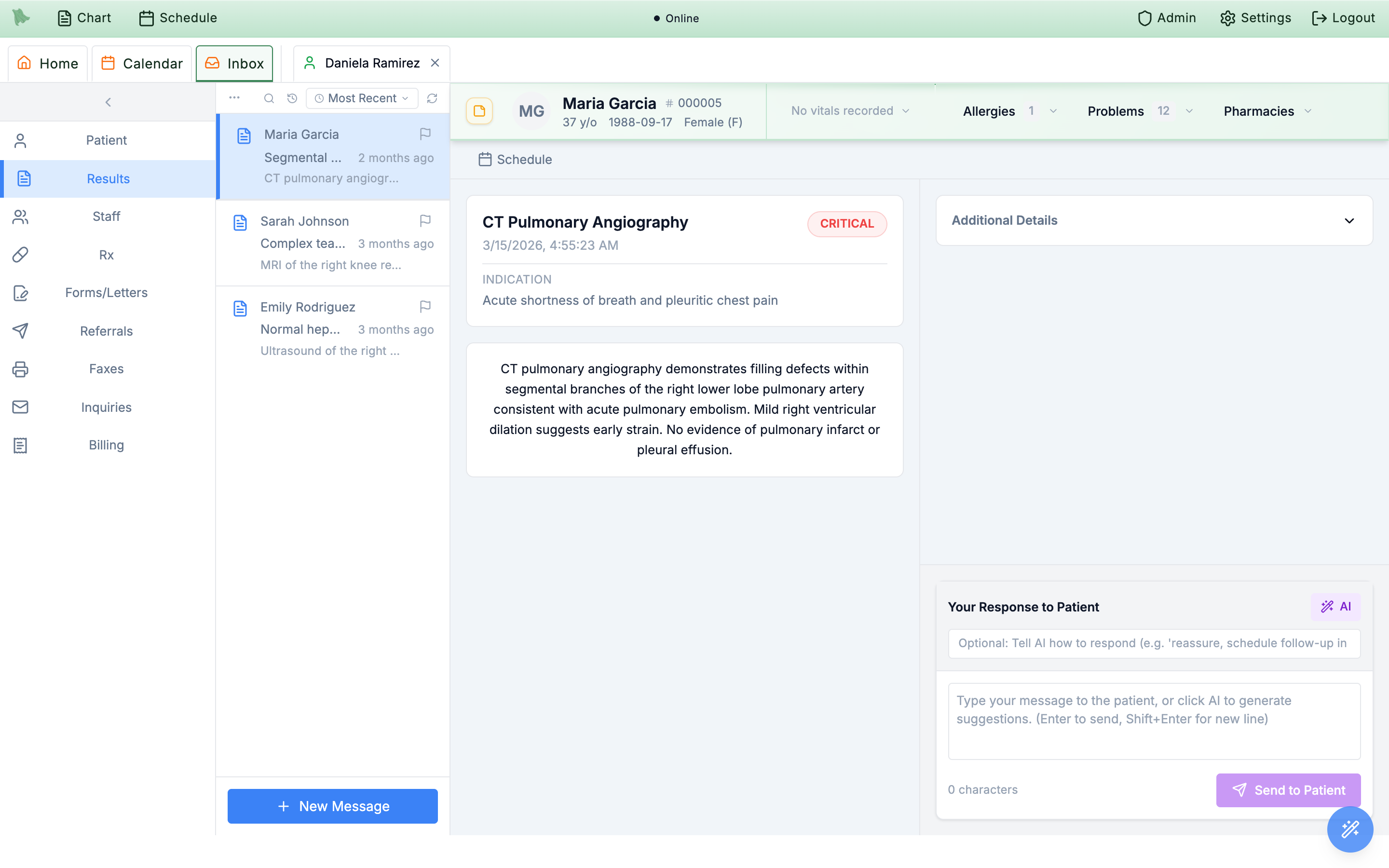 A CT Pulmonary Angiography result with a CRITICAL badge, the report text, and the Your Response to Patient composer with its AI button and Send to Patient