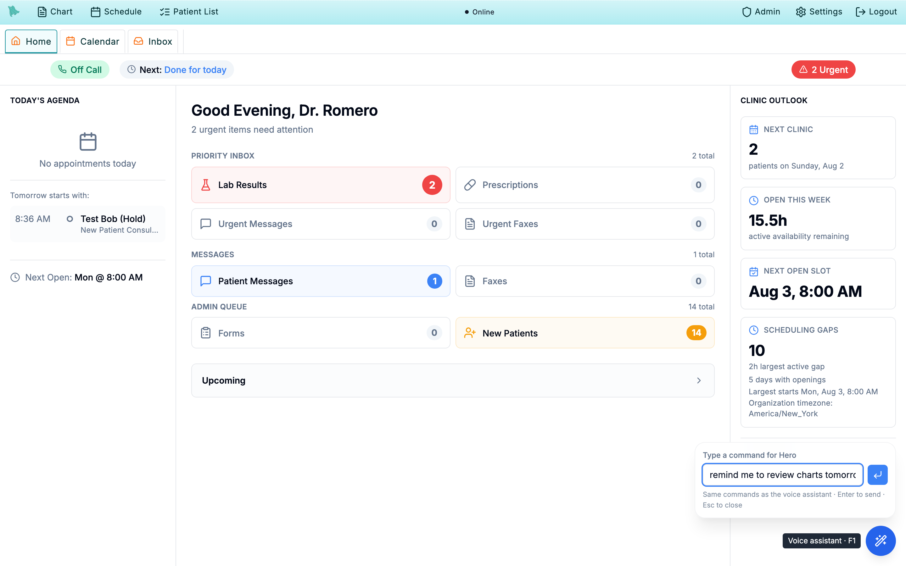The Hero EMR dashboard with the Type a command for Hero box open in the bottom-right corner, containing the typed command remind me to review charts tomorrow at 9am, with a hint reading Same commands as the voice assistant, Enter to send, Esc to close