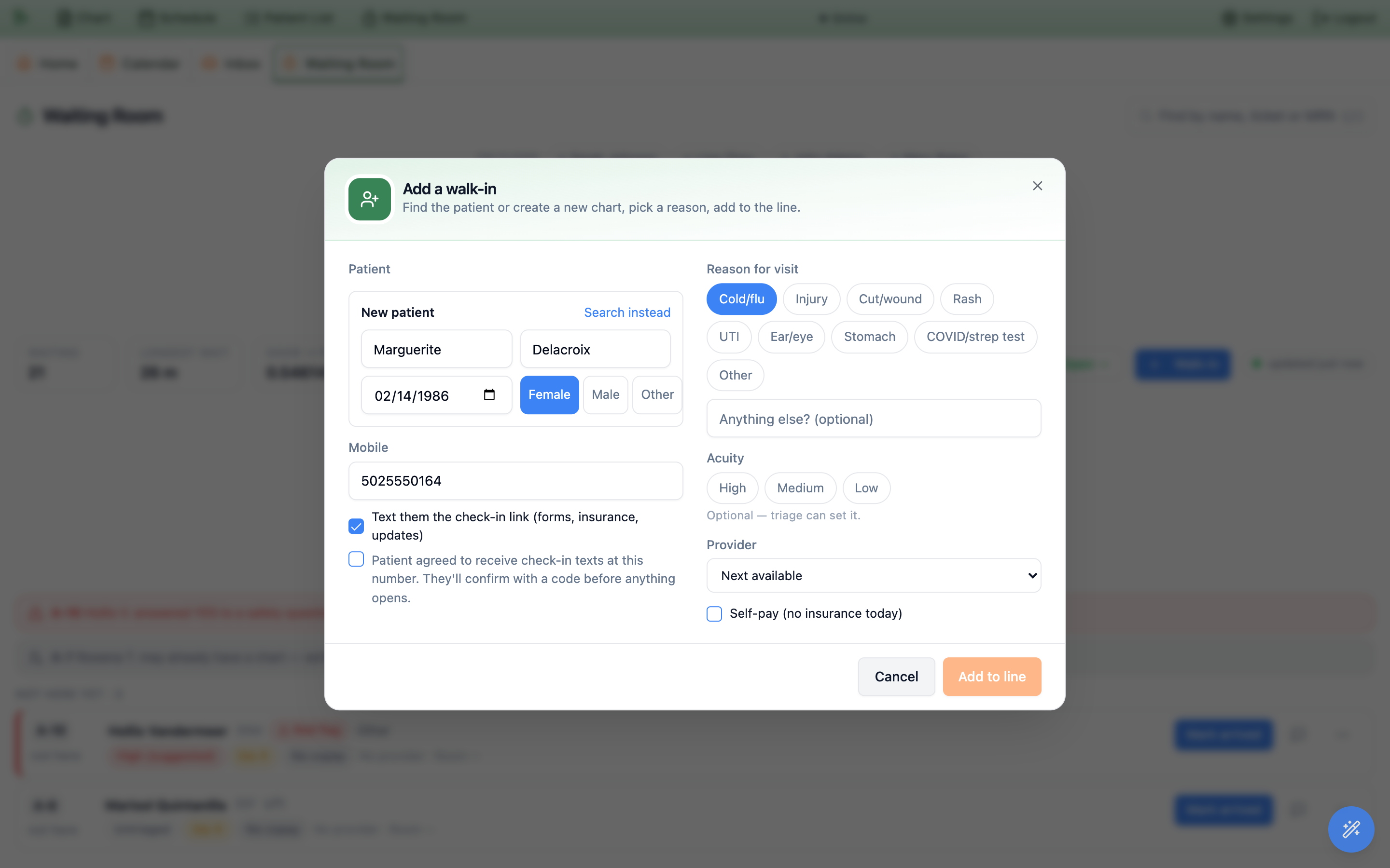 Add a walk-in dialog with a patient search on the left, reason chips, acuity and a text-the-check-in-link option on the right