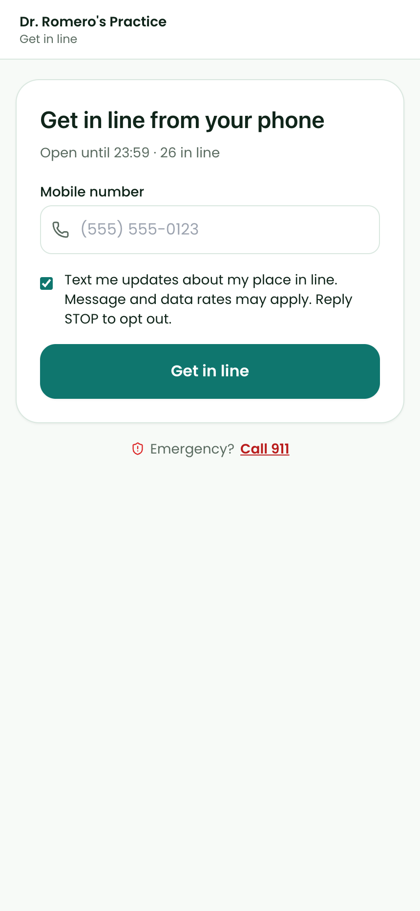 Walk-in welcome screen on a phone showing the clinic name, open until time, people in line, estimated wait, a mobile number field and a Get in line button