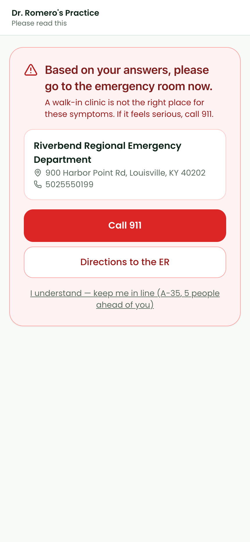 ER advice screen recommending the emergency room with the configured ER name, address and phone, a Call 911 button, directions, and a keep-me-in-line link